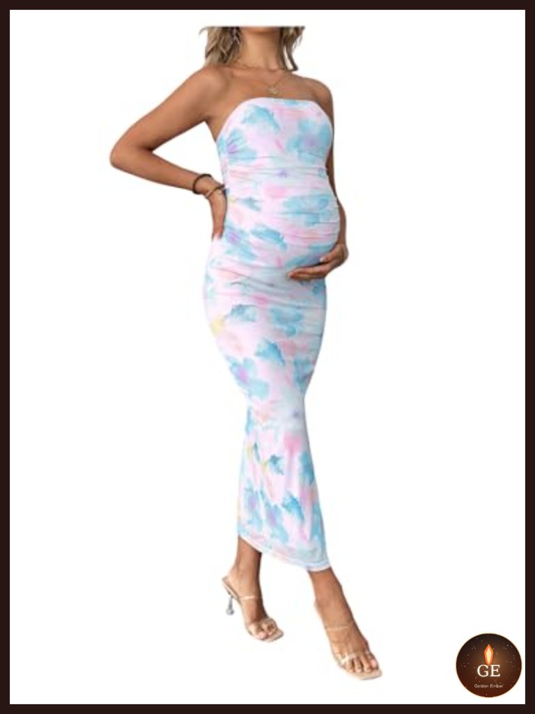 Strapless Ruched Bodycon Maternity Maxi Dress With Slit